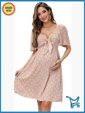 Maternity Wrap Dress Knotted V Neck Knee Length Baby Shower Dress
